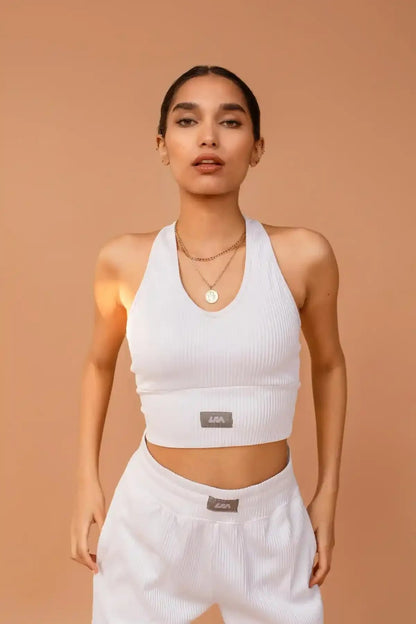 White ribbed crop tank and matching jogger pants set