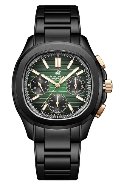Black round watch with green subdials, gold baton markers, black linked bracelet