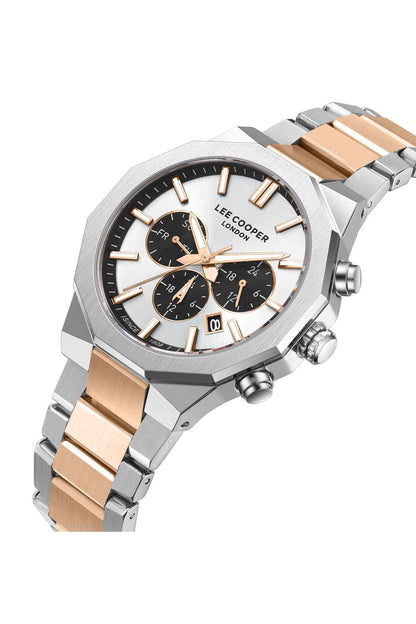 Lee Cooper two-tone watch angled view, black dial with gold accents and three subdials