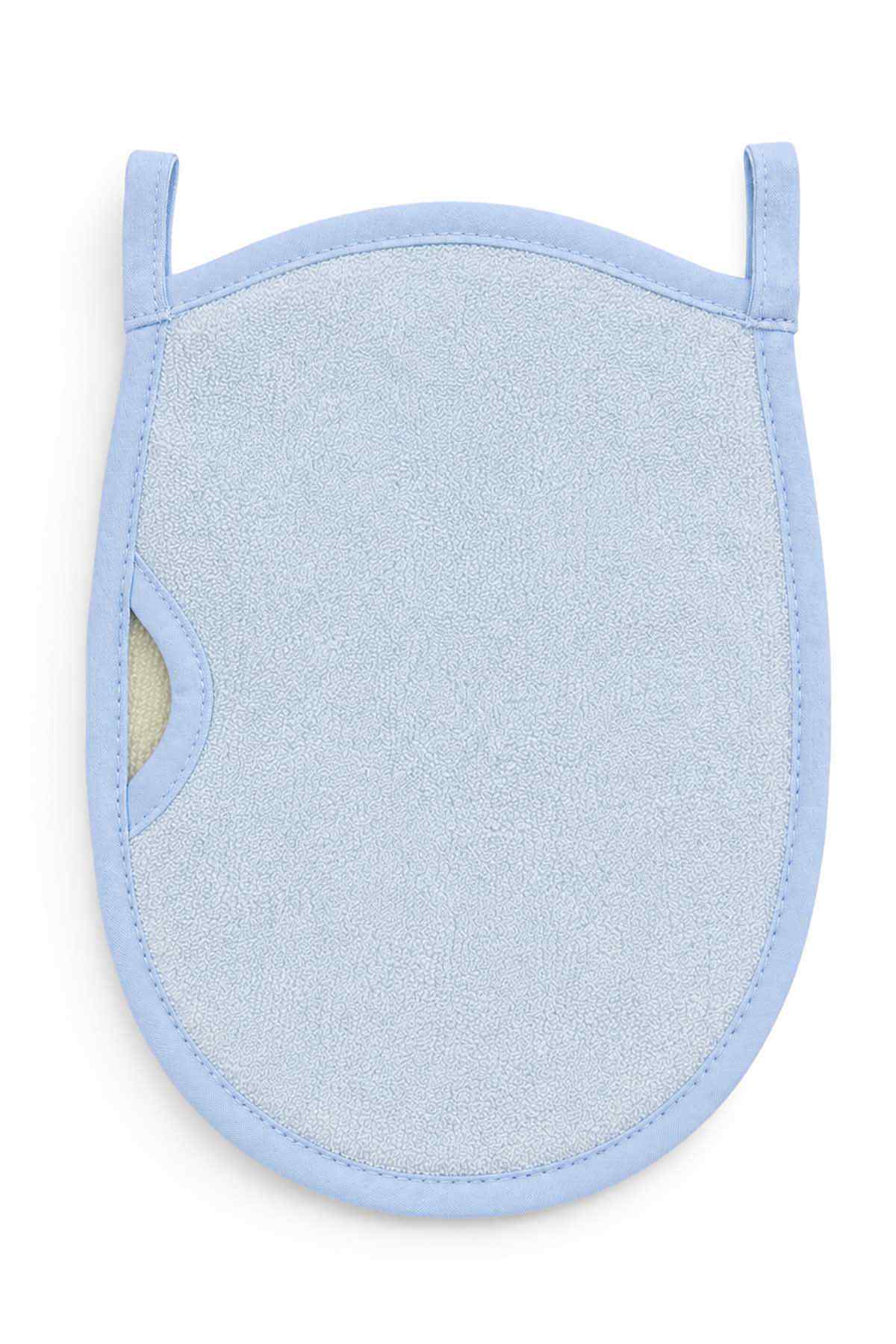 Blue bath wash mitt with smooth terry surface and loop handle straps