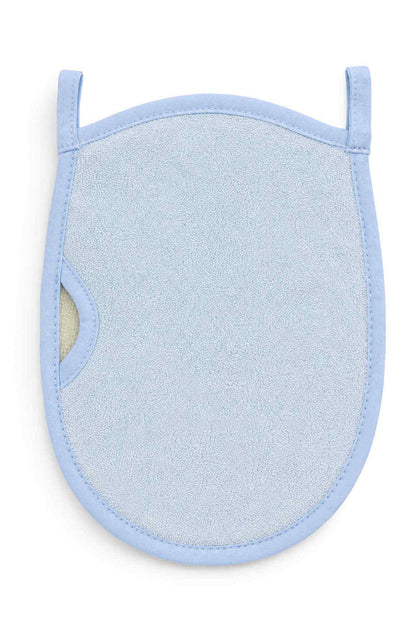 Blue bath wash mitt with smooth terry surface and loop handle straps