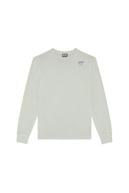 Men's light beige long-sleeve T-shirt, crew neck, small chest logo graphic