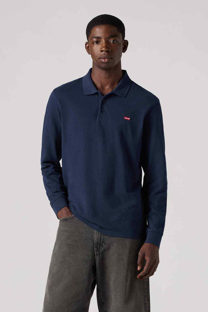 Levi's long-sleeve polo shirt, dark blue with buttoned collar and chest logo