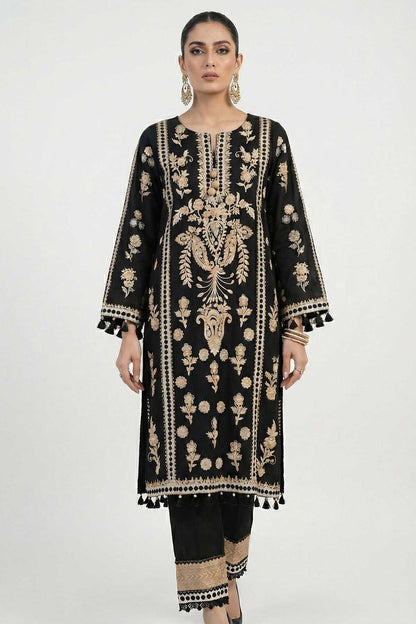 Black straight kurta with gold centerpiece embroidery and patterned cuffs; matching pants