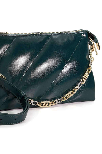 Dune London green leather crossbody bag close-up with chain strap and zip top