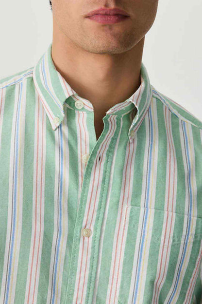 Green striped button-up shirt neckline with buttons