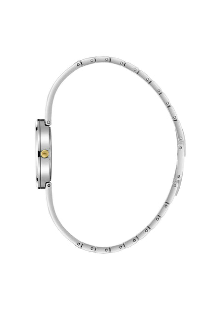 Two-tone wristwatch side view, silver bracelet with gold accents and round case