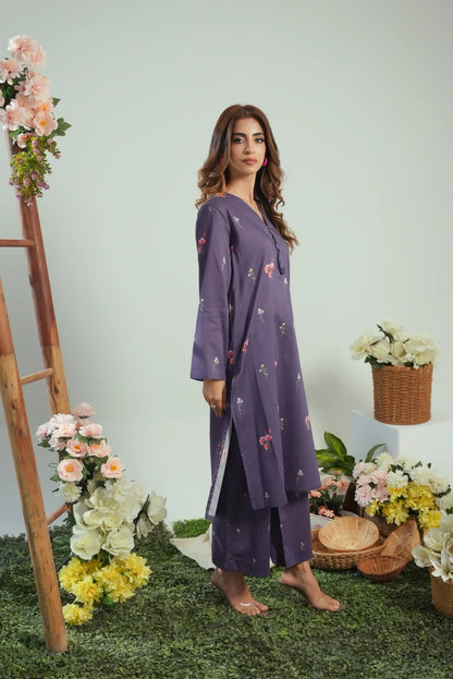 Dhaga purple floral printed long kurta tunic with matching pants, side view