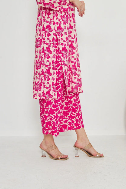 Pink floral maxi dress with side slit and straight hem