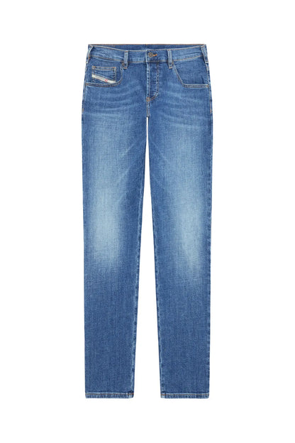 Men's blue denim jeans, straight-leg with button fly and front pockets