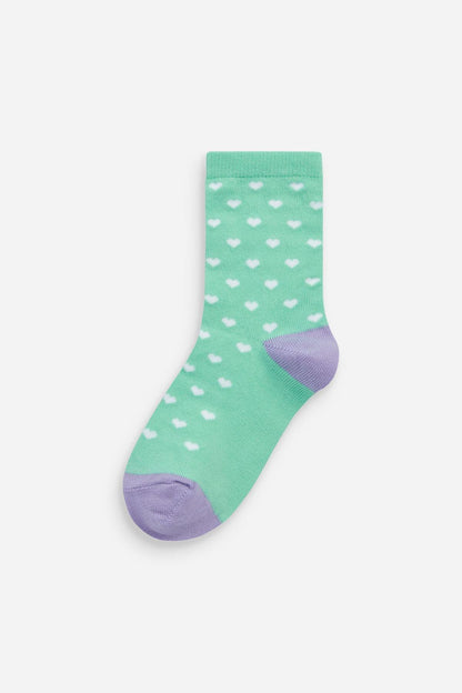 Mint green heart-pattern crew sock with purple heel and toe