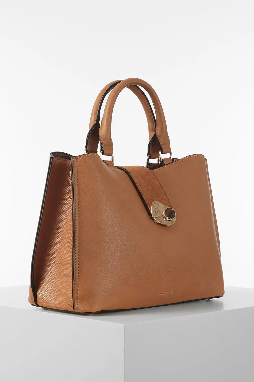 Luella Grey Pakistan brown handbag with top handles and round front clasp