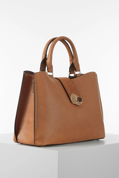 Luella Grey Pakistan brown handbag with top handles and round front clasp