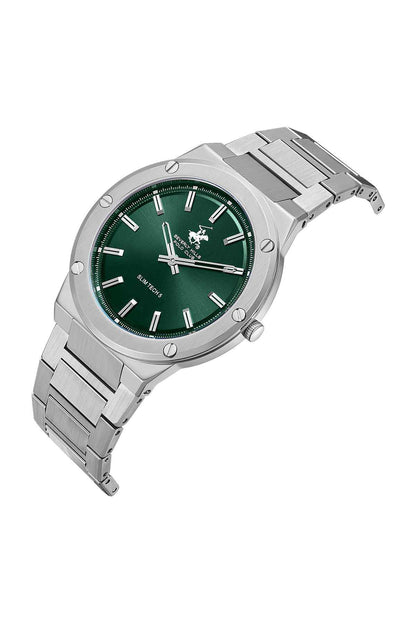 Silver metal wristwatch with green dial, three-hand analog face, and crown on right