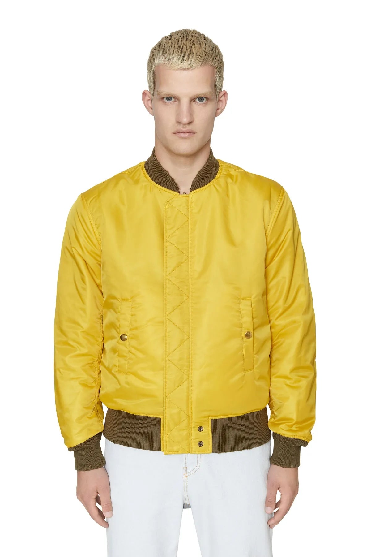 Yellow bomber jacket with front zipper and ribbed knit cuffs and hem