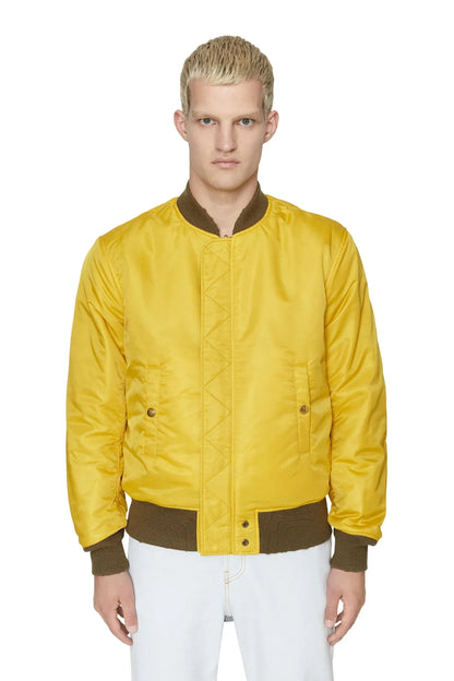 Yellow bomber jacket with front zipper and ribbed knit cuffs and hem