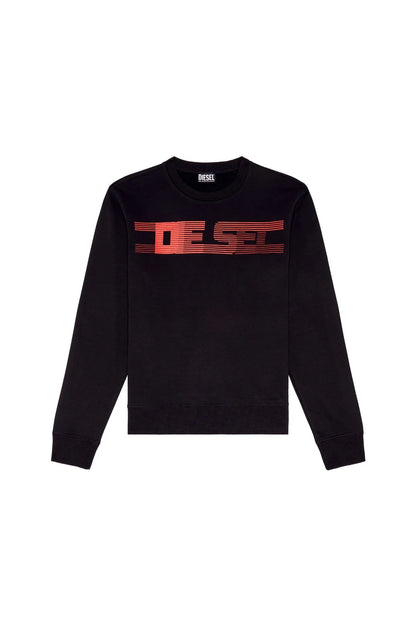 Diesel black crewneck sweatshirt flat lay with red stripe logo