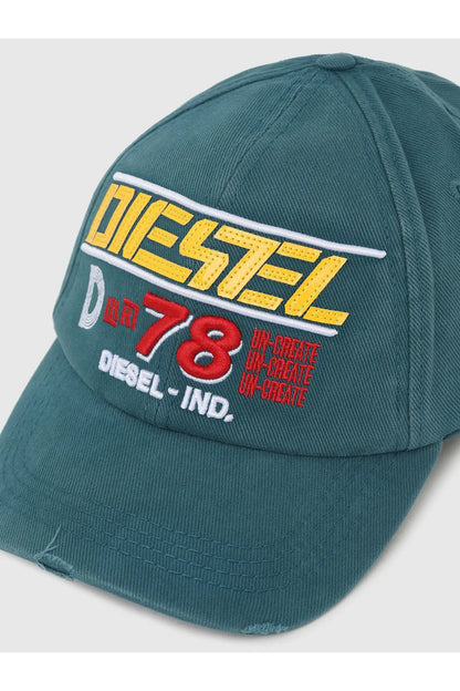 Sea green baseball cap with front embroidery: DIESEL 78 and small text, curved brim
