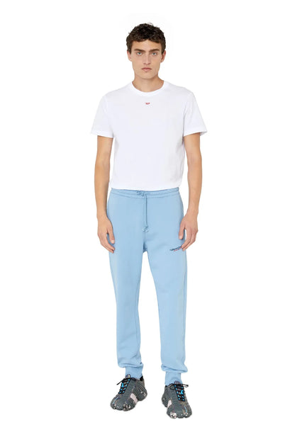 Light blue jogger pants with drawstring waist and small Diesel logo on thigh