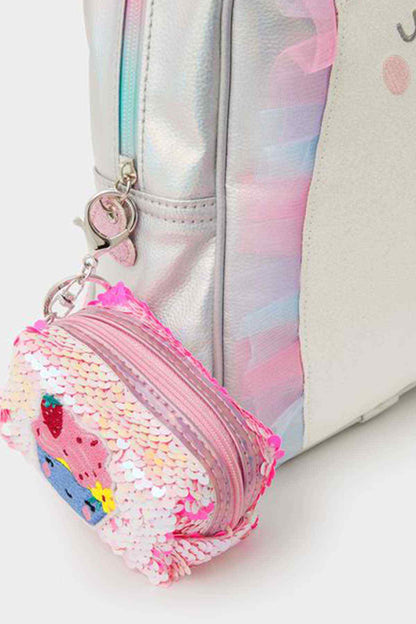 Pastel sequin crossbody bag detail with chain strap, zipper, and charm rings