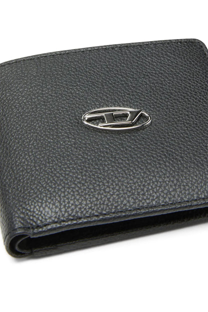 Black leather cardholder wallet with embossed oval logo on front