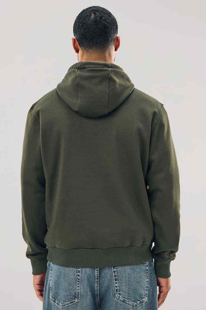 Back view khaki green pullover hoodie with ribbed hem and drawstring hood