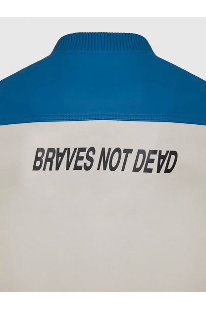 Leather jacket back with ribbed blue collar and 'BRYVES NOT DEVD' text.