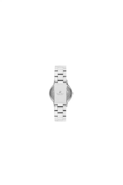 Steel wristwatch with round silver case, minimal dial, and metal link bracelet