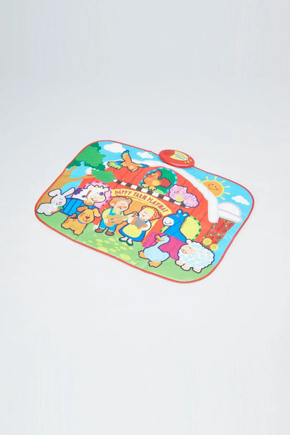 Multicolor children's play mat with cartoon animals and 'Happy...' border