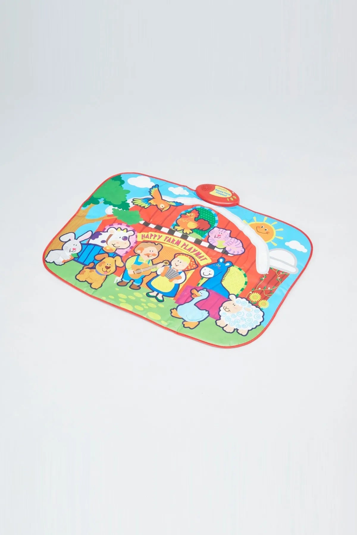 Colorful animal-themed play mat for babies, rectangular shape with 'Happy...' text