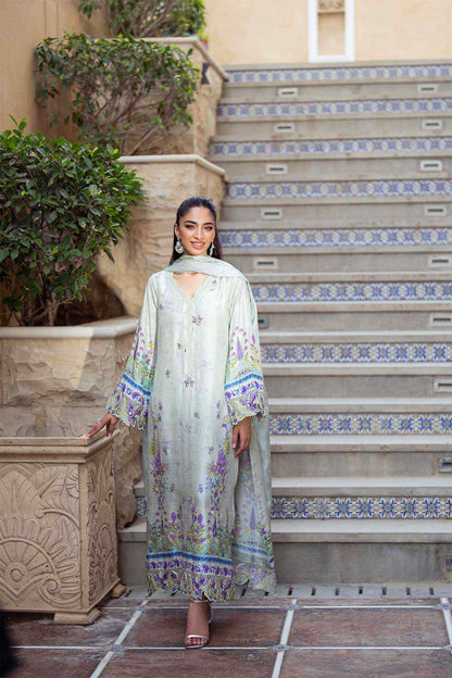 Light sea green printed kurta dress with dupatta, back view, long sleeves, bordered hem
