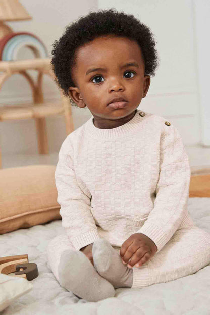 NEXT baby knit sweater and pants, light pink textured with buttoned shoulder