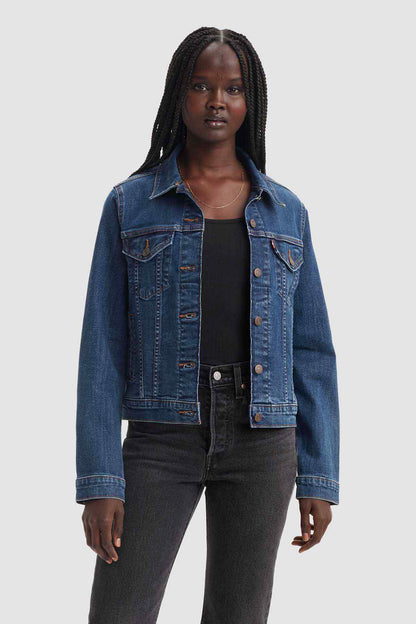 Dark indigo denim jacket with button front, flap chest pockets, long sleeves