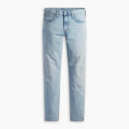 Light indigo denim jeans with button closure, straight leg, five-pocket styling