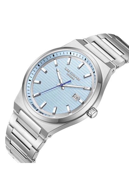 Silver stainless steel wristwatch angled view, blue dial with baton markers