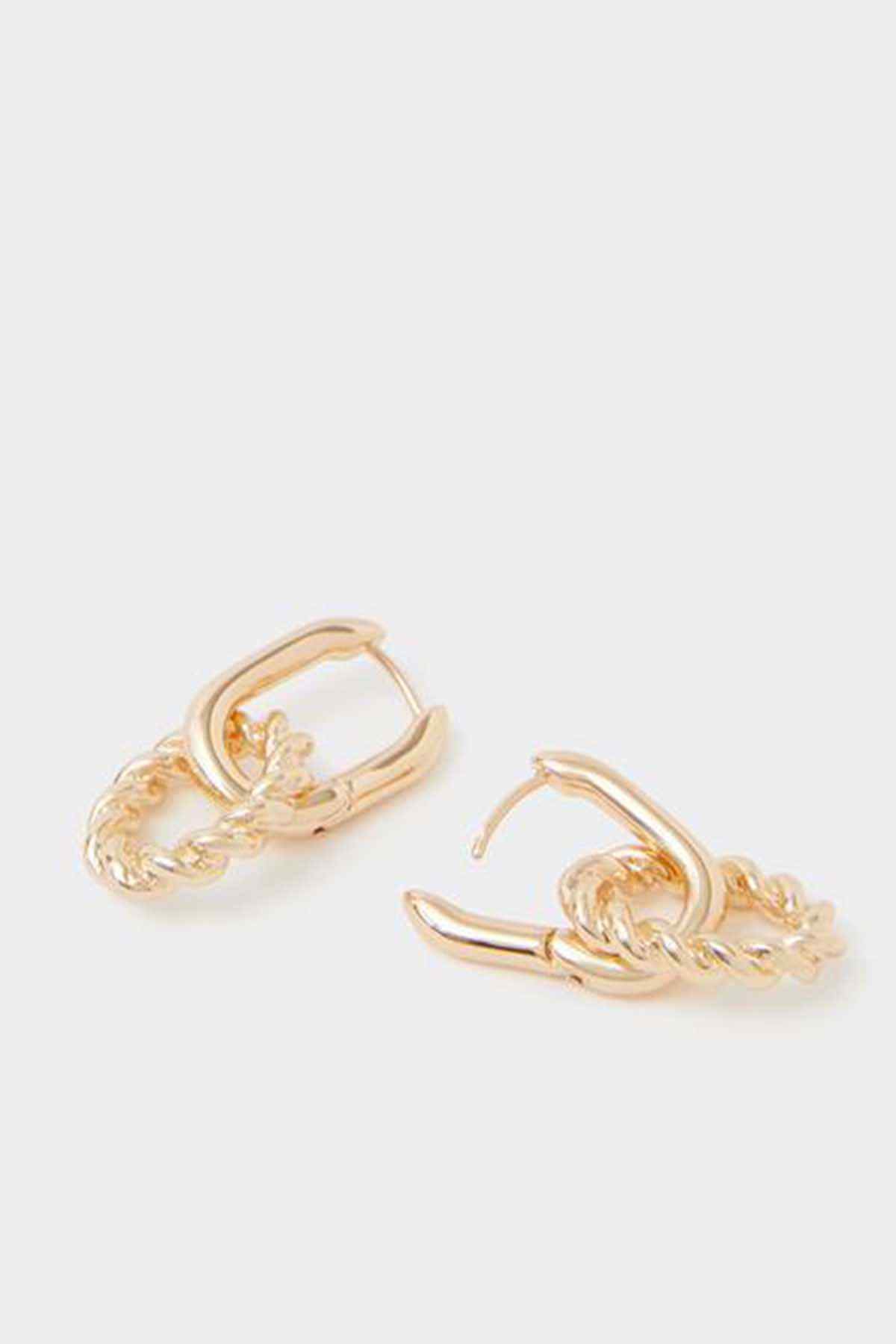 Gold hoop earrings with braided chain detail and small oval charm
