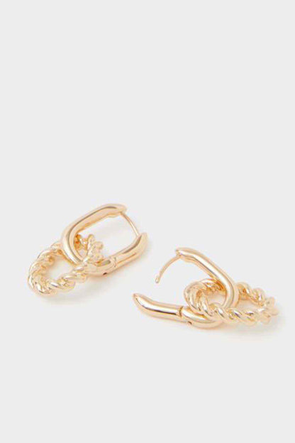 Gold hoop earrings with braided chain detail and small oval charm