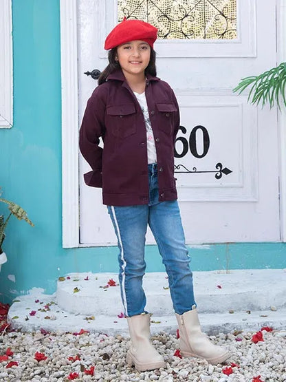 Kids maroon jacket with stand collar and flap pockets, full front view