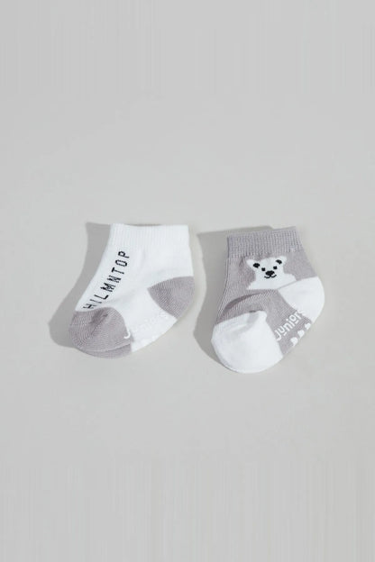 Baby socks in white and grey with bear face graphic and ribbed cuff