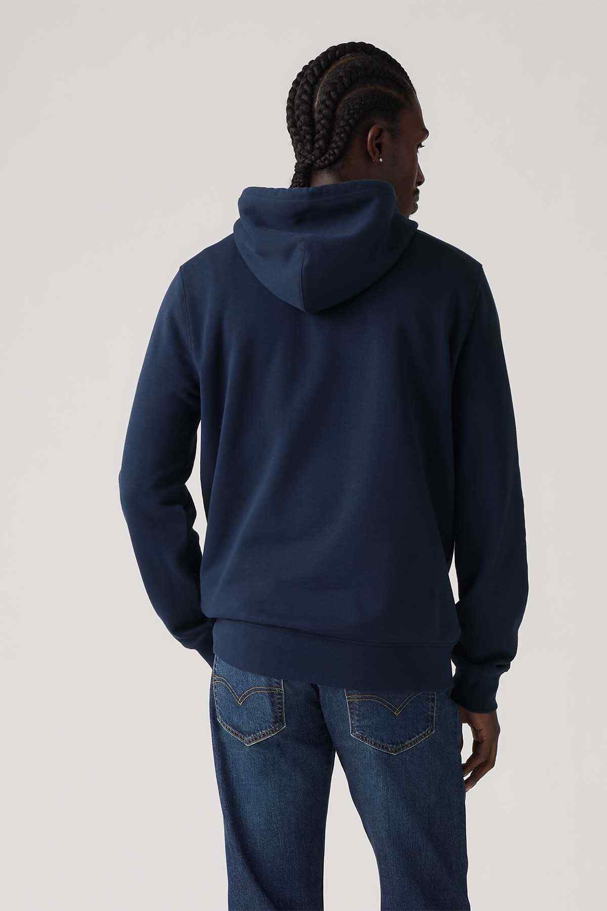 Levi's navy zipless hoodie with attached hood and long sleeves, back view