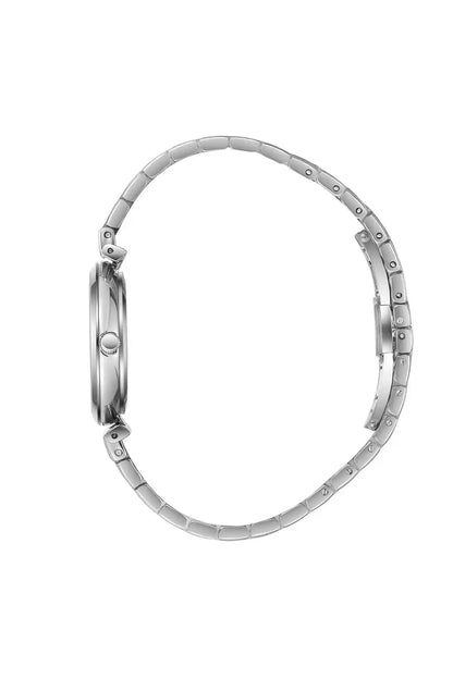 BHPC watch with silver mesh bracelet, round case side profile