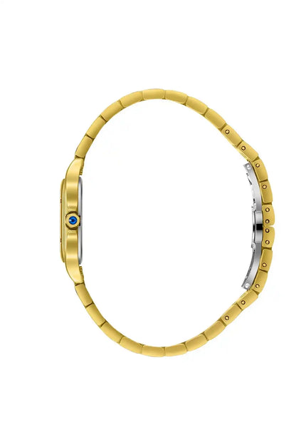 Gold-tone metal watch strap with case edge and small blue accent