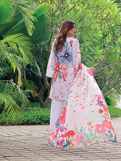 Women's white floral kurta set with flowing printed dupatta and matching straight pants
