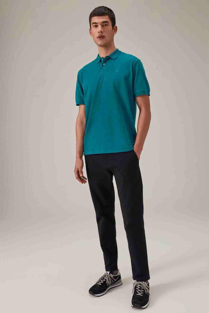Men's teal blue polo shirt with buttoned collar and short sleeves