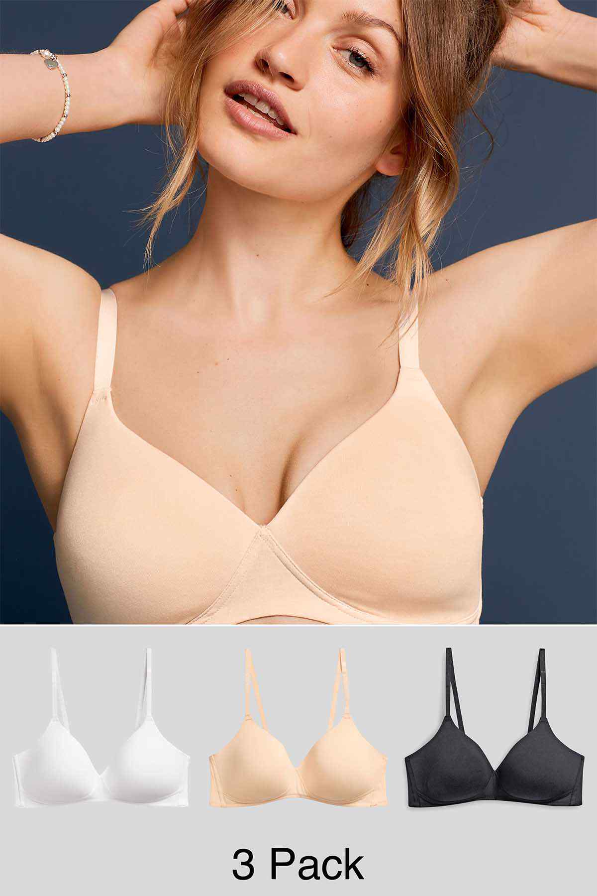 NEXT 3-pack T-shirt bras in white, nude, and black with thin straps