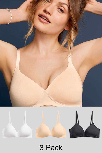 NEXT 3-pack T-shirt bras in white, nude, and black with thin straps