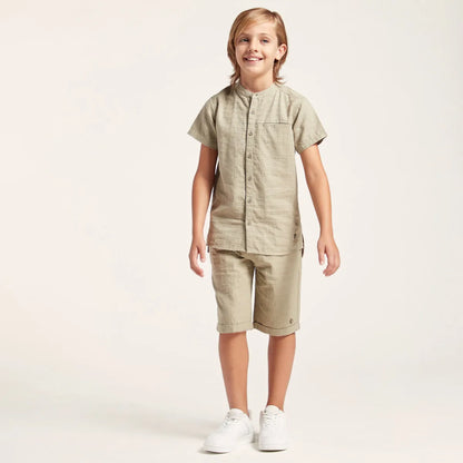 Children's light green short-sleeve shirt and matching shorts set, front view