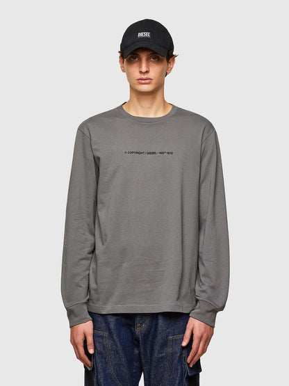 Grey long-sleeve crewneck T-shirt with small chest text graphic