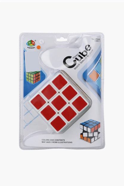 Rubik-style cube puzzle in retail blister pack, red grid design
