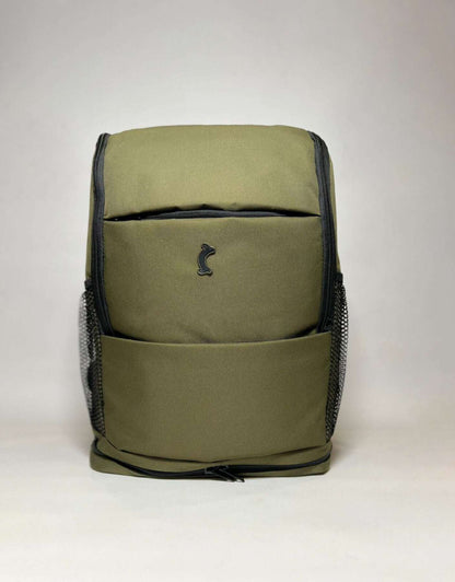 Olive mini backpack with front zipper, small logo patch, mesh side pocket